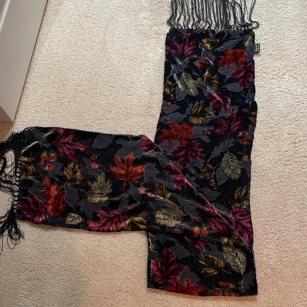 Velvet fringed scarf - great for FALL! Burnout, leaf pattern on both sides.